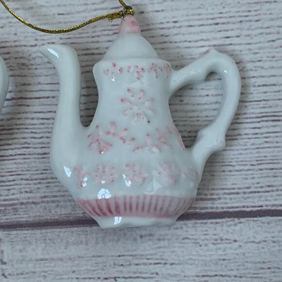 White and Pink Floral Porcelain Teapot Ornament Set of 2 - Picture 6 of 12